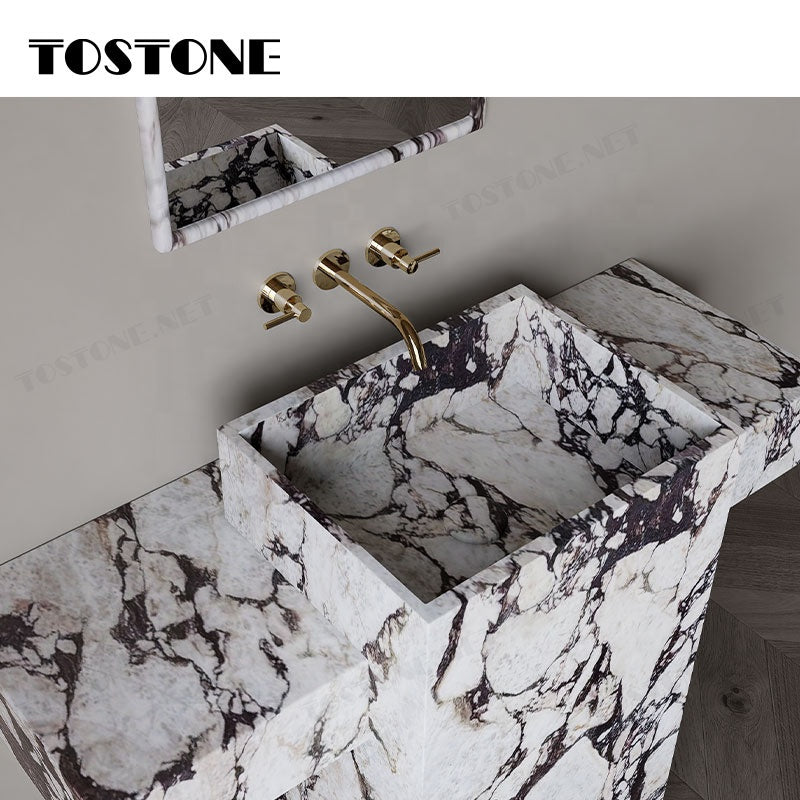 Mặt bàn lavabo phòng tắm đứng độc lập Tostone bằng đá cẩm thạch Calacatta Viola tự nhiên, bề mặt mài, phong cách, dùng trang trí bồn rửa mặt gia đình.