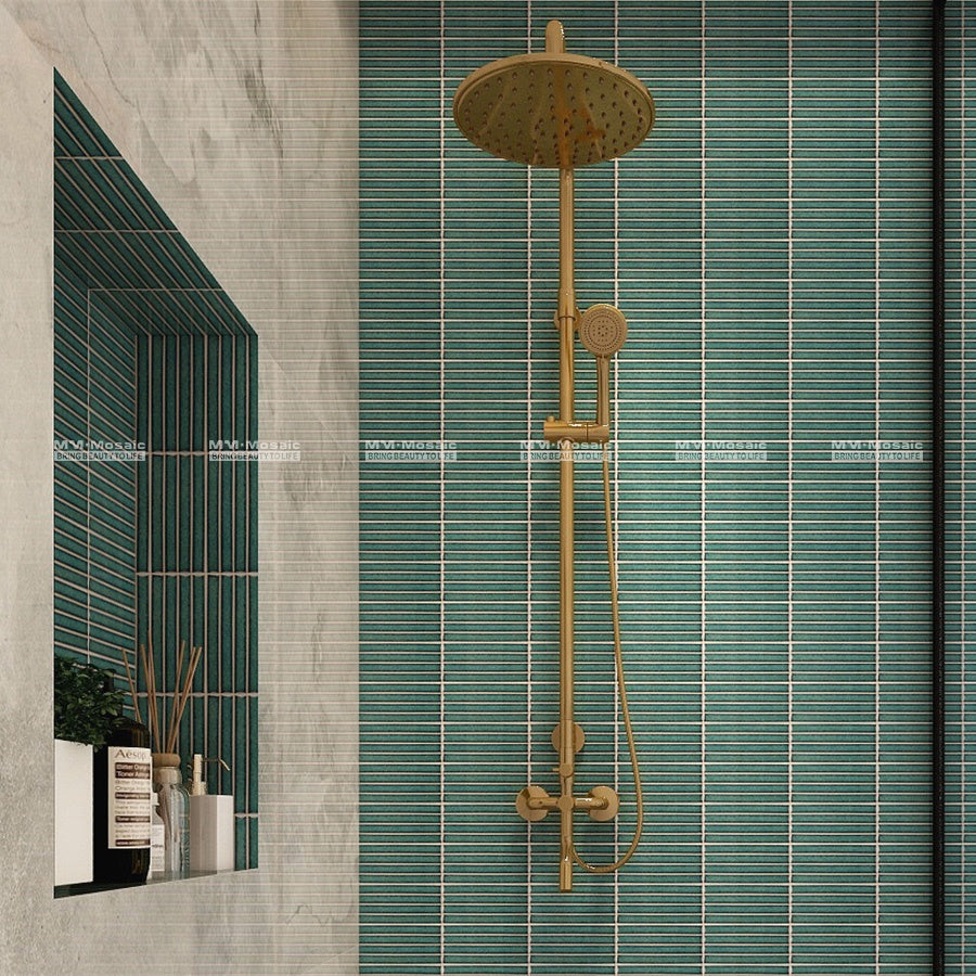 Gạch Mosaic Dạng Ngón Tay Trang Trí Men Sứ Màu Xanh Đậm Kiểu Xếp Mạch Thẳng 15x145mm Ốp Tường Phòng Tắm Cao Cấp Hiện Đại