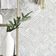 Gạch mosaic xương cá OMK đánh bóng dùng cho ốp tường bếp, tường phòng tắm và sàn nhà, gạch đá cẩm thạch trắng