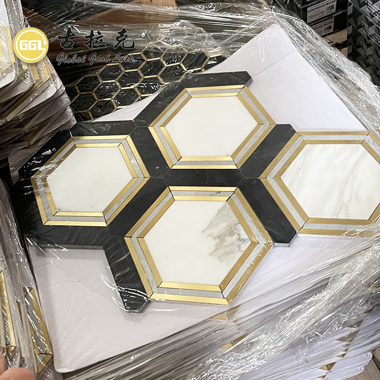 Cung cấp từ nhà máy Gạch mosaic hình lục giác đá cẩm thạch trắng Calacatta phối đồng dùng để trang trí nội thất