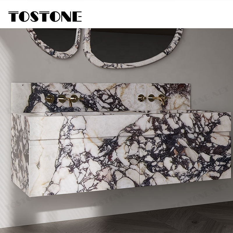 Tostone Mặt bàn lavabo phòng tắm gắn tường bằng đá hoa cương Calacatta Viola tự nhiên chống thấm nước bền bỉ, dùng cho nội thất tùy chỉnh phòng vệ sinh nhỏ