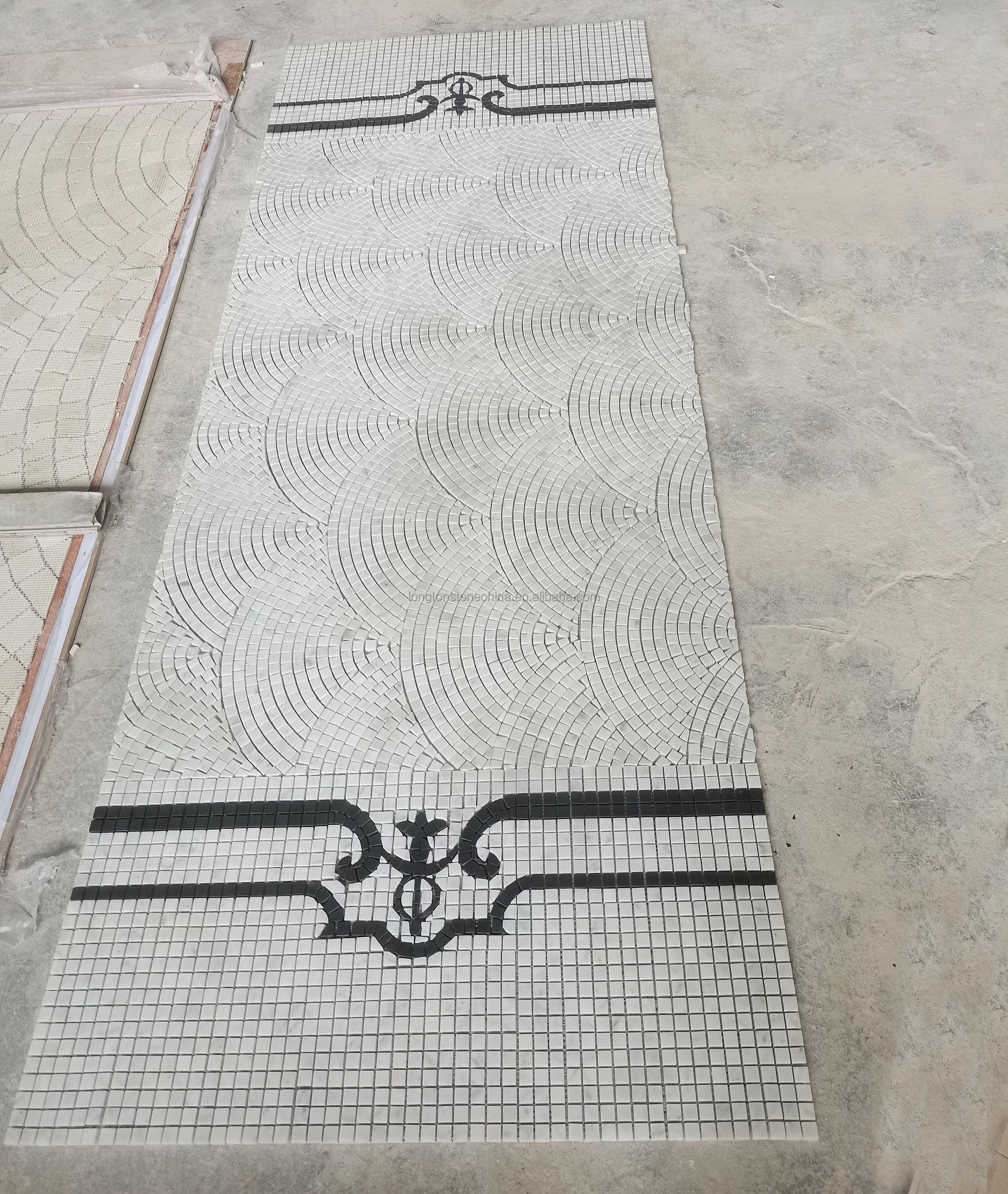 Mosaic Đá Cẩm Thạch Trắng Đen Hình Quạt Và Vuông Dạng Ghép Hình Khổ Lớn Tùy Chỉnh Cho Trang Trí Tường Khách Sạn, Biệt Thự