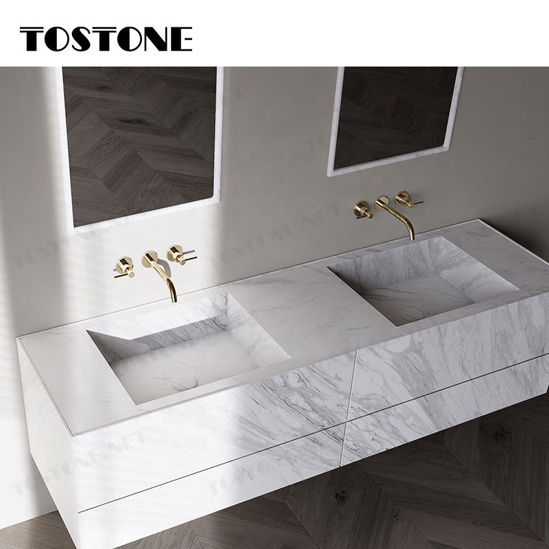 Tostone Tủ lavabo cổ điển, hoàn thiện mờ tự nhiên, đá trắng Volaksas sang trọng