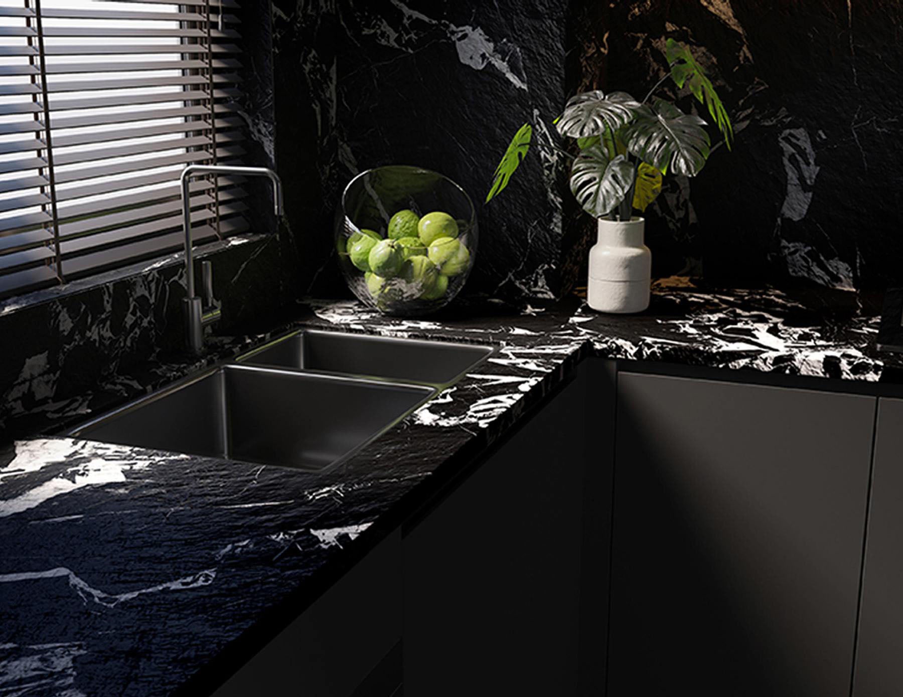 Mặt Bàn Bếp Đá Nung Kết Đen Vân Trắng Phong Cách Pháp Hoàn Thiện Mờ 320x160