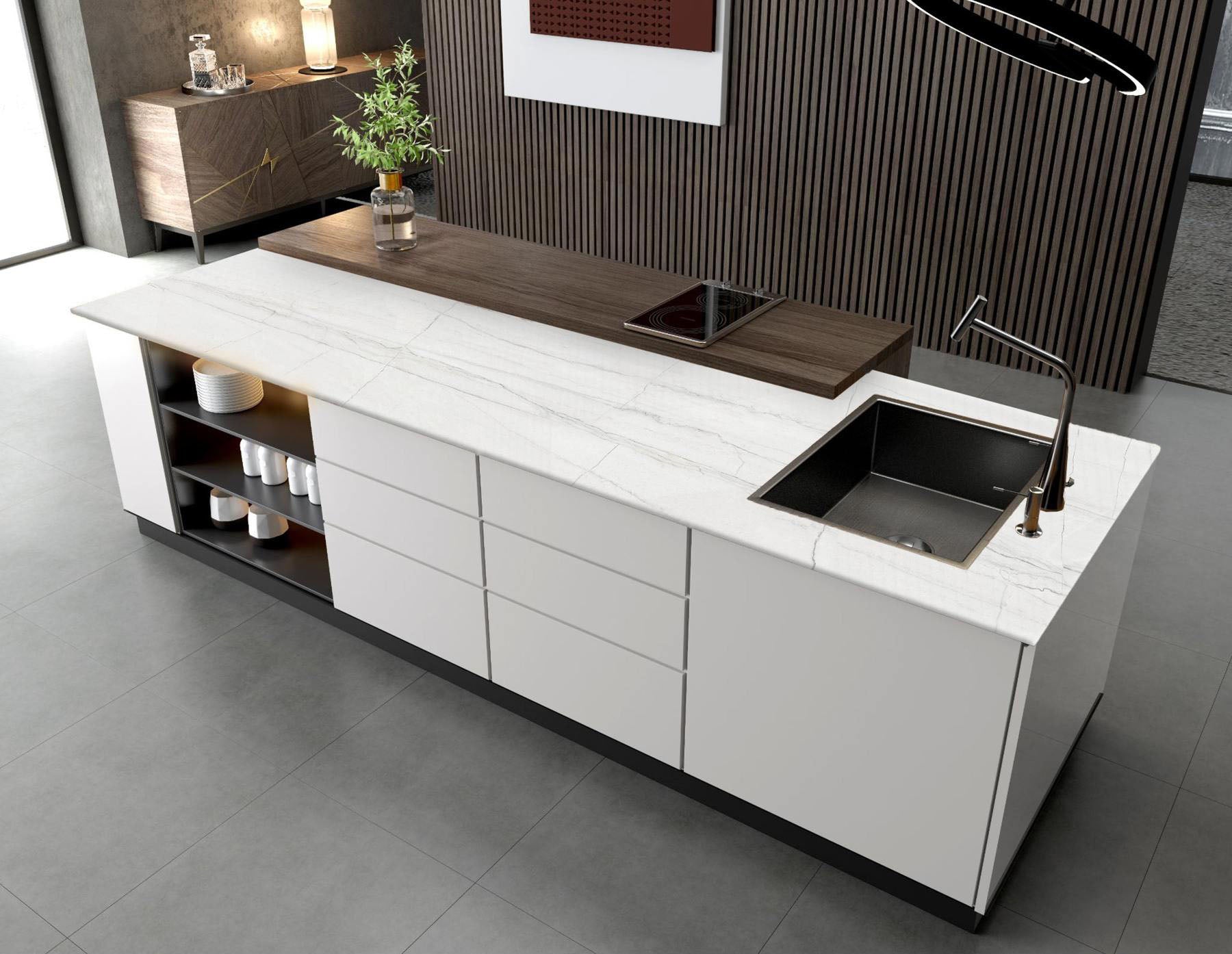 Tấm Đá Nung Kết Brazil Statuario Vân Xám Cho Mặt Bàn Đảo Bếp Sang Trọng