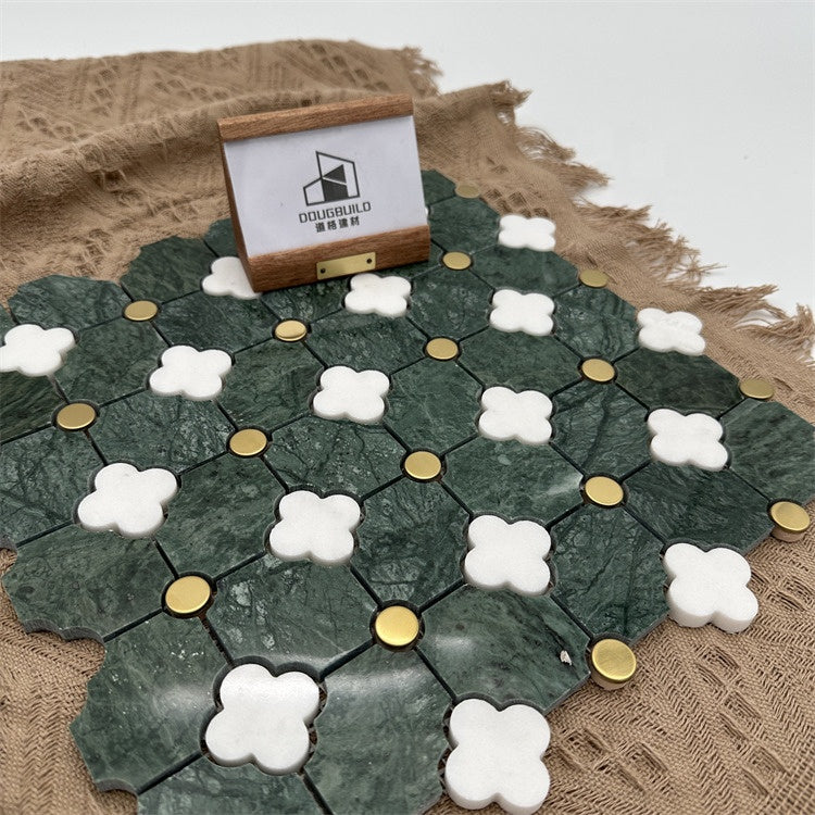 Gạch mosaic tia nước bền bỉ, chạm khắc thủ công từ đá cẩm thạch ngọc bích xanh và vỏ sò pha trộn, dành cho không gian nhà ở và thương mại cao cấp