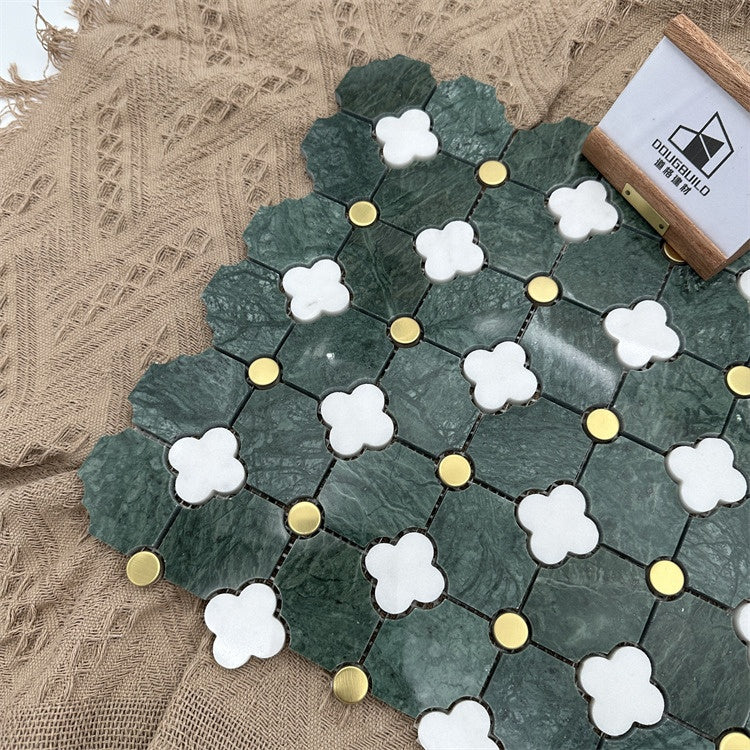 Gạch mosaic tia nước bền bỉ, chạm khắc thủ công từ đá cẩm thạch ngọc bích xanh và vỏ sò pha trộn, dành cho không gian nhà ở và thương mại cao cấp