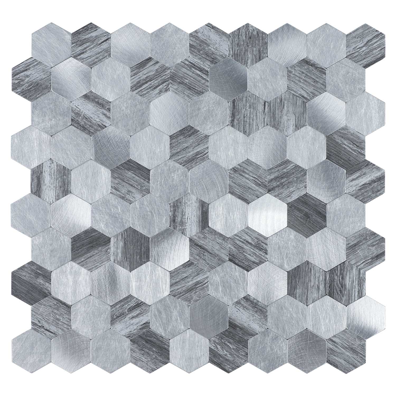 Gạch Mosaic Bóc dán Lục giác Nhôm vân gỗ Xám pha Bạc ốp tường bếp