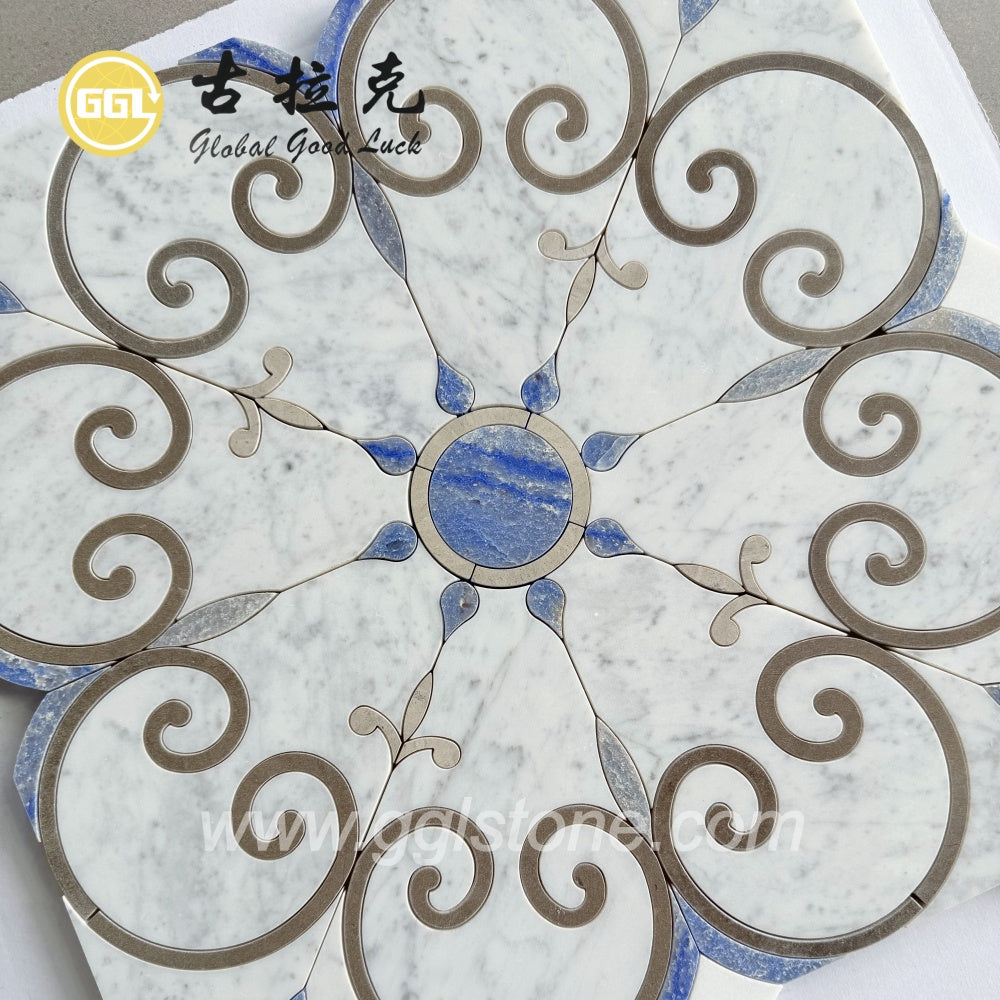 Gạch Mosaic Trắng Carrara Hình Cắt Tia Nước Hiện Đại Với Họa Tiết Hoa Dùng Trang Trí Phòng Ngủ, Nhà Bếp & Phòng Tắm