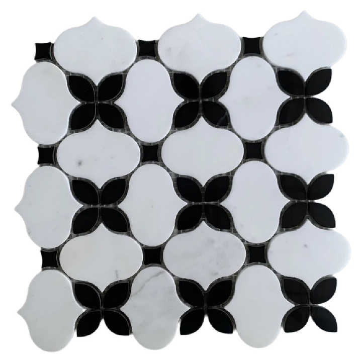 Gạch mosaic tia nước Thassos màu trắng và đen họa tiết hoa OMK cho nhà cung cấp gạch ốp tường phòng tắm bằng đá cẩm thạch