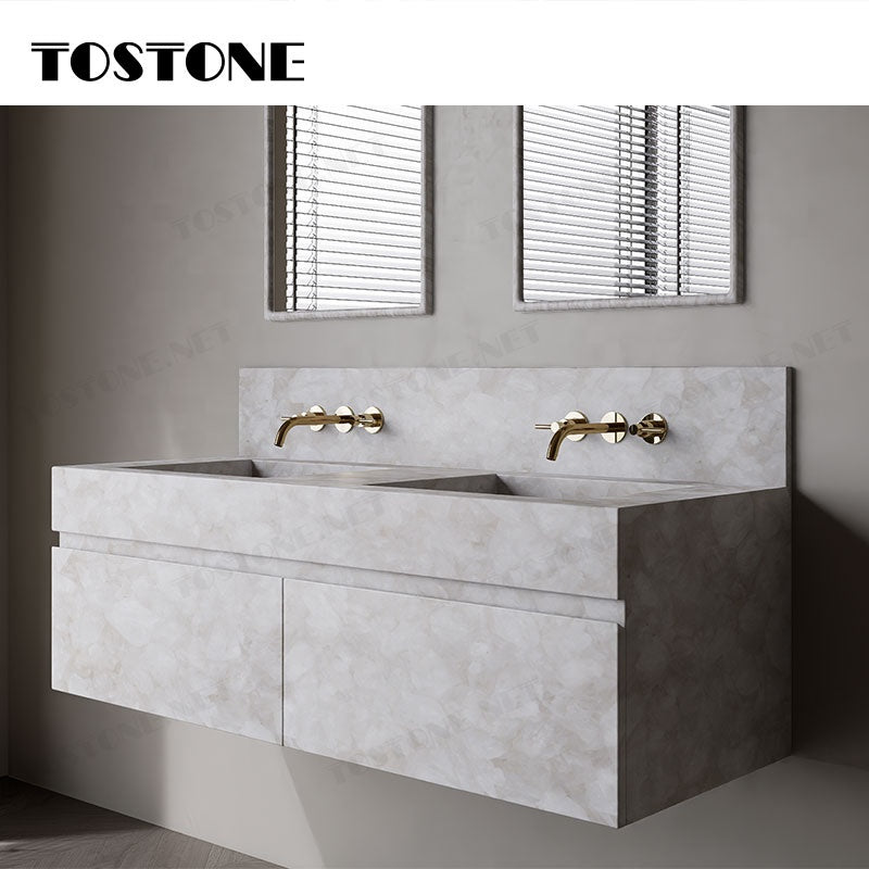 Tostone Mặt bàn lavabo phòng tắm gắn tường bằng đá thạch anh trắng tinh thể tự nhiên, chống thấm nước, bền bỉ, dành cho phòng vệ sinh, nội thất tùy chỉnh.
