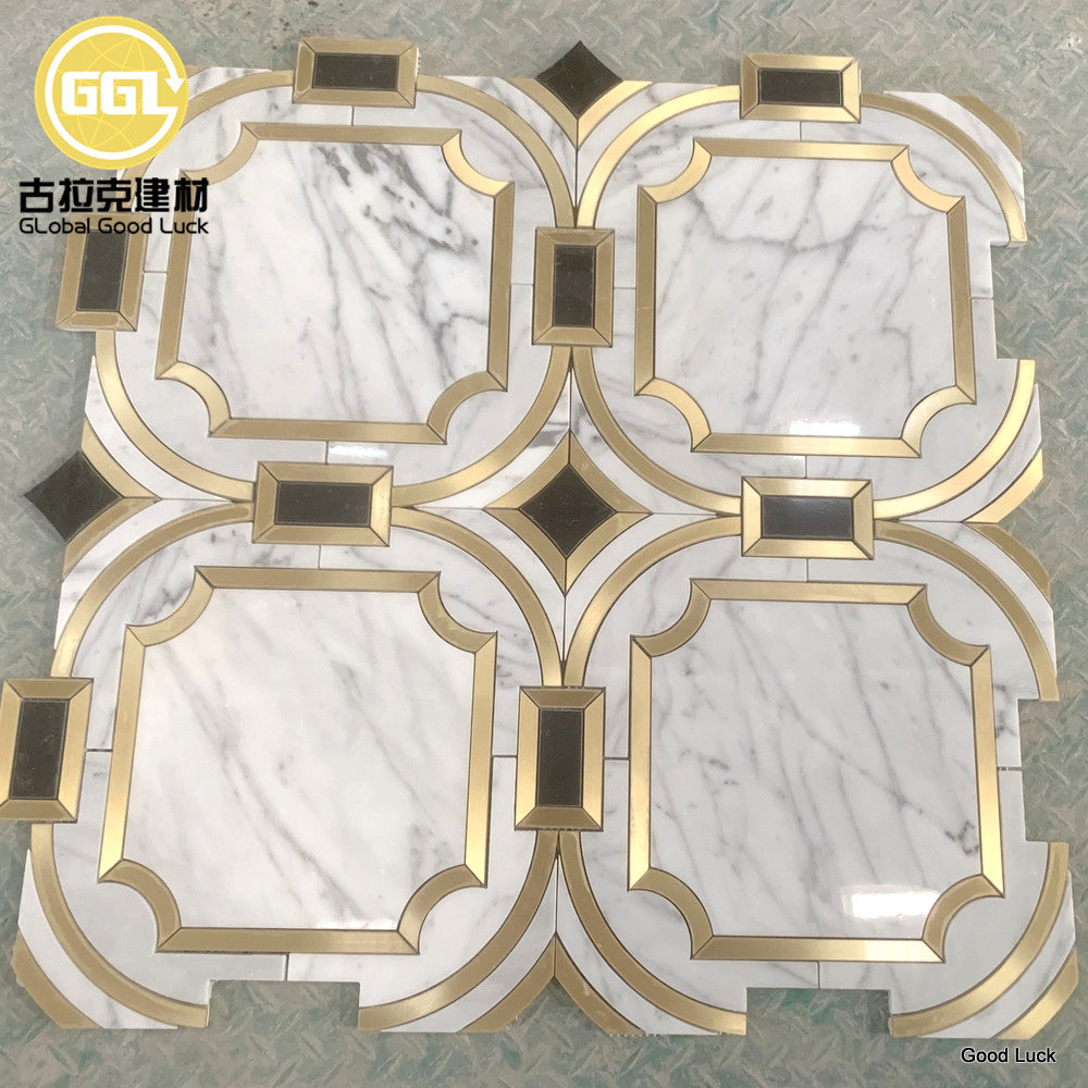 Gạch Mosaic Đá Cẩm Thạch Trắng Calacatta Pha Chỉ Đồng Thiết Kế Hiện Đại