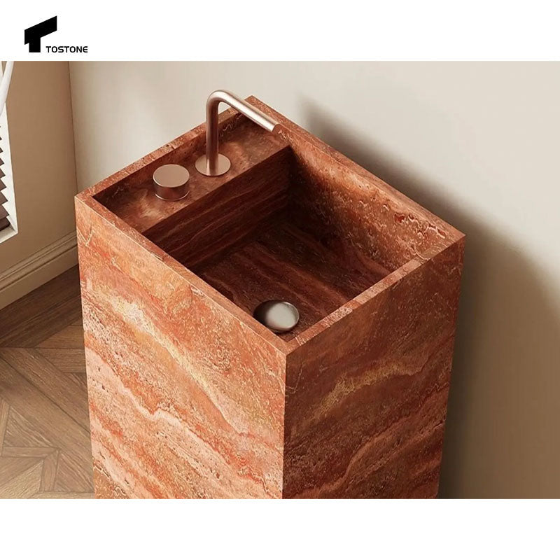 Chậu rửa chân đế đá Travertine đỏ tự nhiên Tostone Tối giản