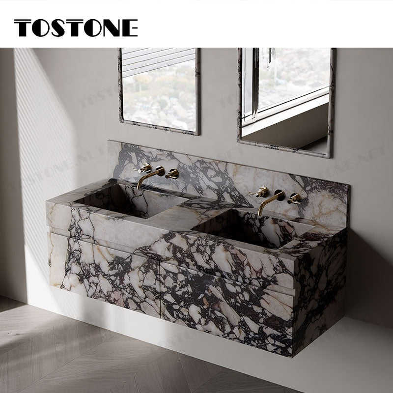 Tostone Khuyến mãi lớn Bộ tủ chậu rửa mặt đá cẩm thạch Calacatta Viola Sang trọng cho trang trí nội thất phòng tắm hiện đại tại nhà ở, biệt thự, khách sạn
