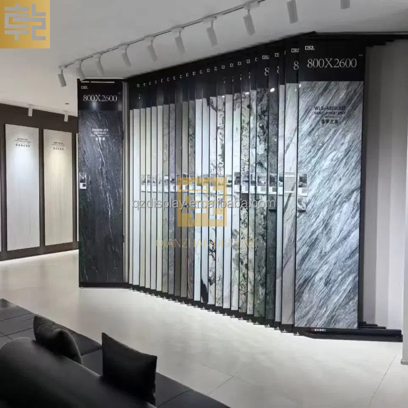Kệ trưng bày trượt ngang bằng kim loại cỡ lớn, sản xuất theo yêu cầu, cho tấm đá cẩm thạch, đá nung kết, gạch porcelain dùng trong phòng trưng bày