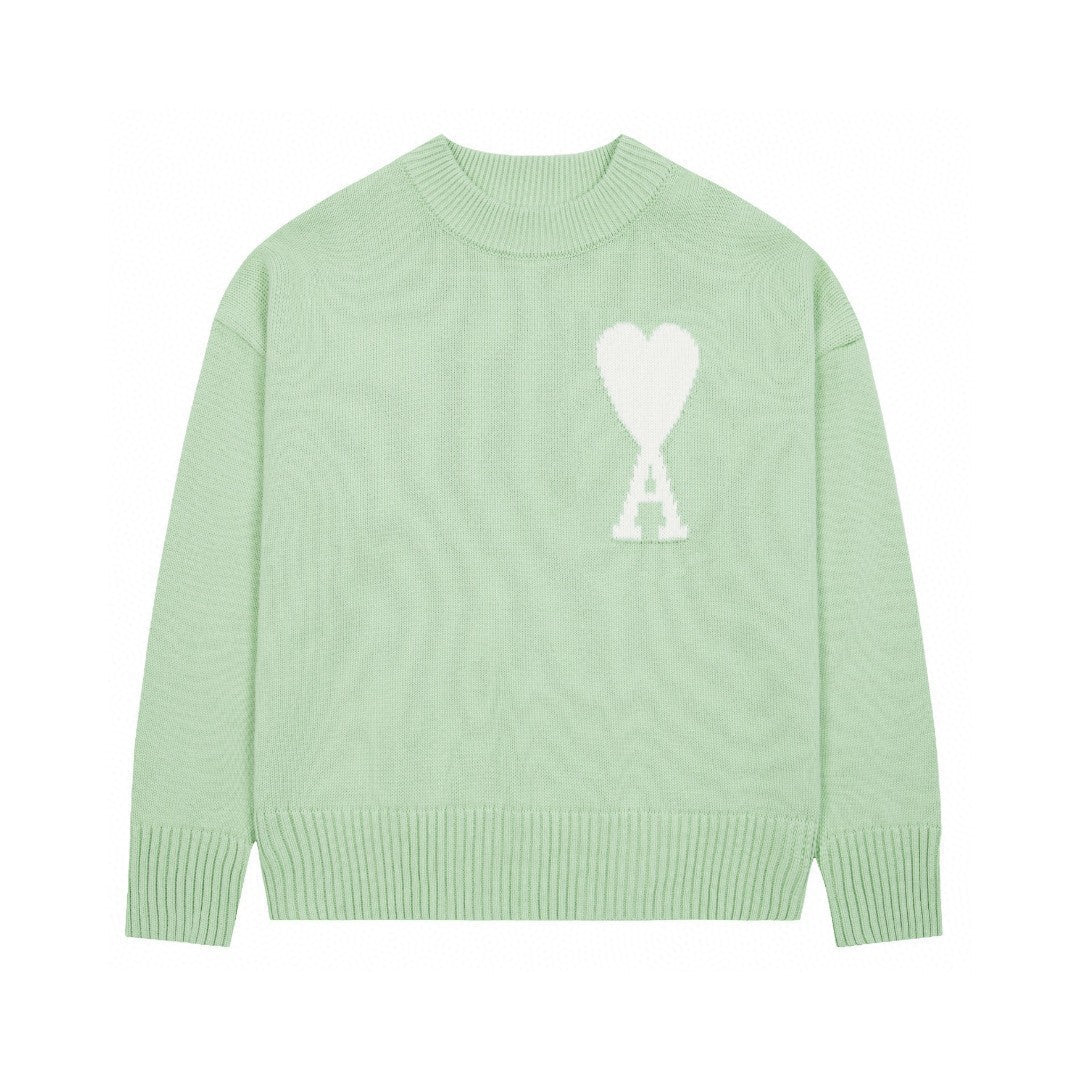 Áo len cổ tròn Ami dành cho nam, dệt họa tiết chữ tình yêu, phong cách streetwear, có logo phía trước, phổ biến khi mặc đôi.