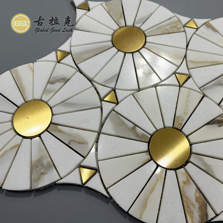Đá Marble Calacatta Vàng với Gạch Mosaic Hình Tròn Bằng Đồng Thau Dùng Để Trang Trí Tường & Sàn Nội Thất