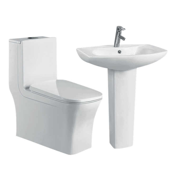 Bộ đồ vệ sinh bằng gốm sứ liền khối thiết kế hiện đại bao gồm bồn cầu và chậu rửa bằng gốm sứ trắng