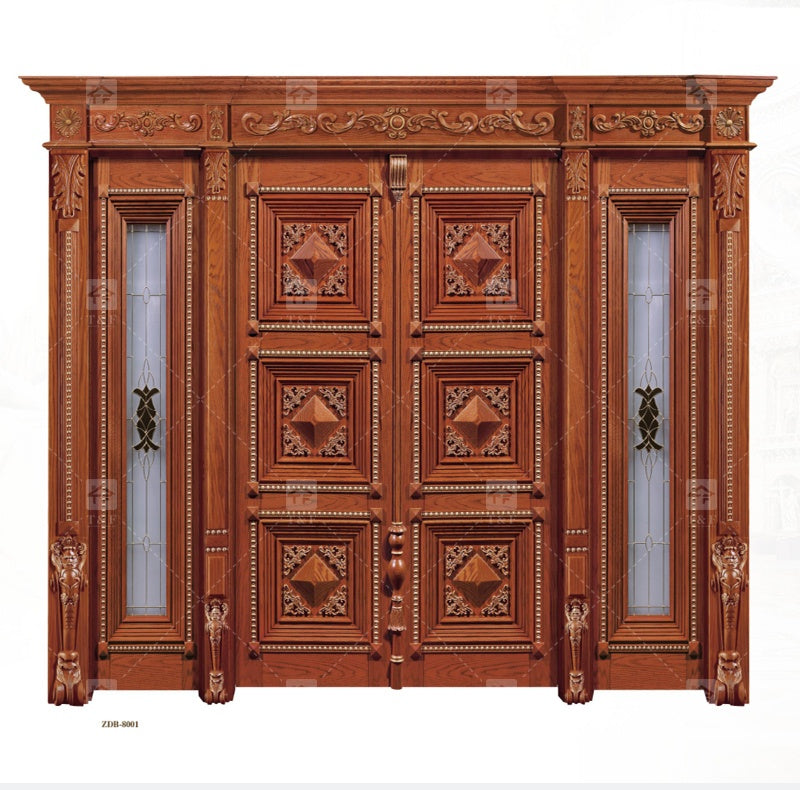Cửa chính đôi gỗ hiện đại chạm khắc gỗ nguyên khối, chống thấm nước, dùng cho ngoại thất đã hoàn thiện.