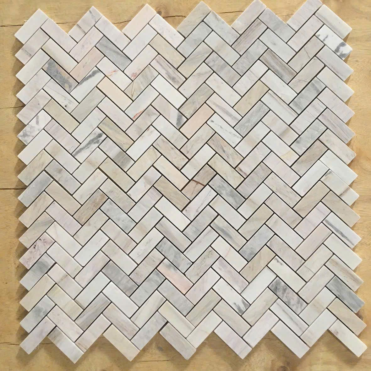 Mosaic đá vân gỗ xương cá mài bóng chip 25x70 mã 57PF001.2
