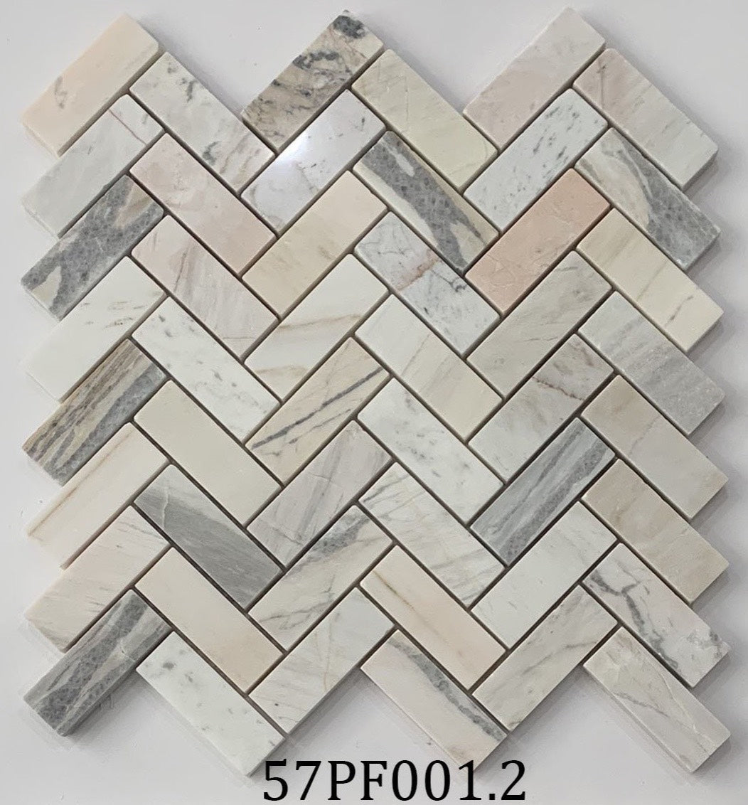 Mosaic đá vân gỗ xương cá mài bóng chip 25x70 mã 57PF001.2