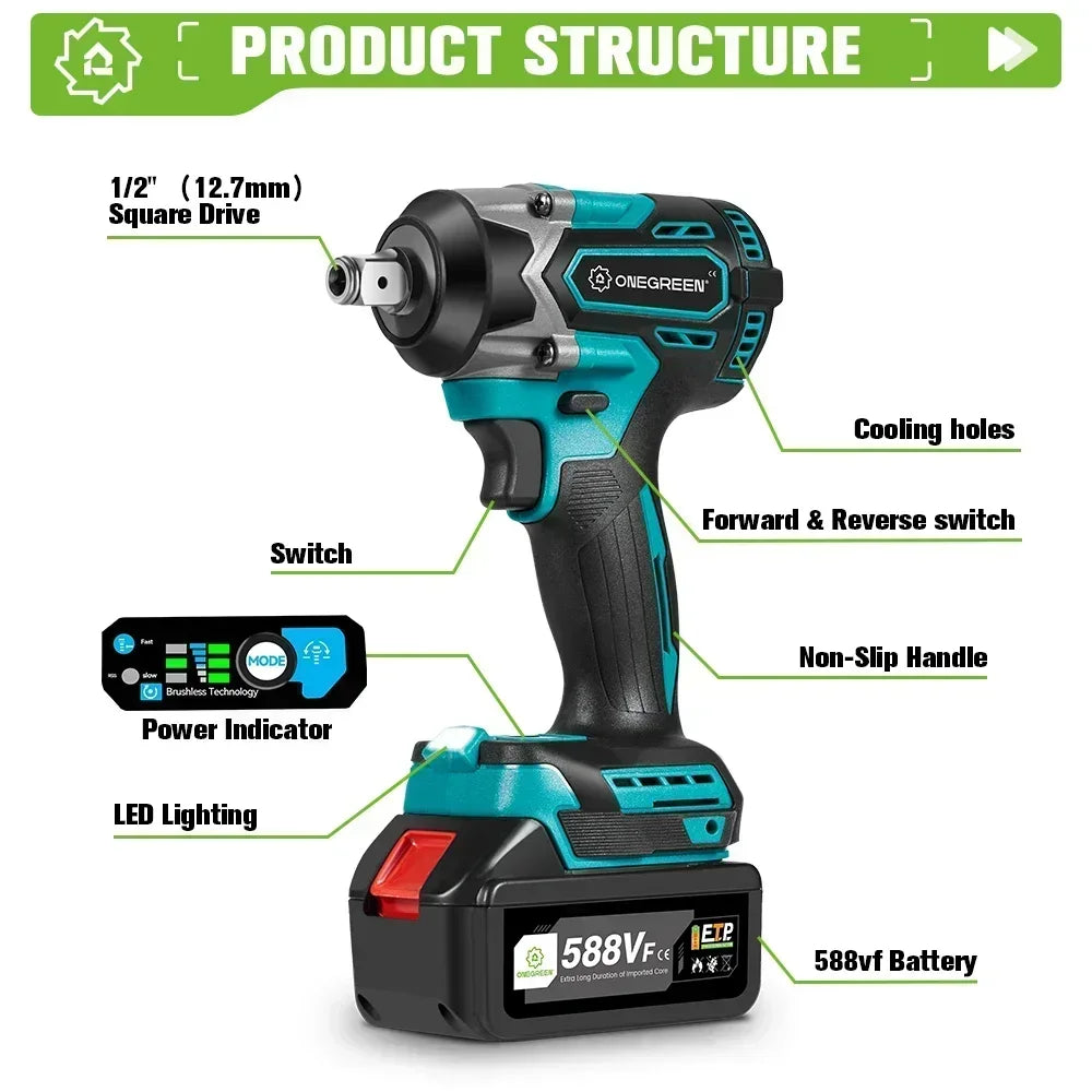 ONEGREEN Cờ Lê Đập Điện Không Dây 1/2 Inch 1000 Nm Brushless