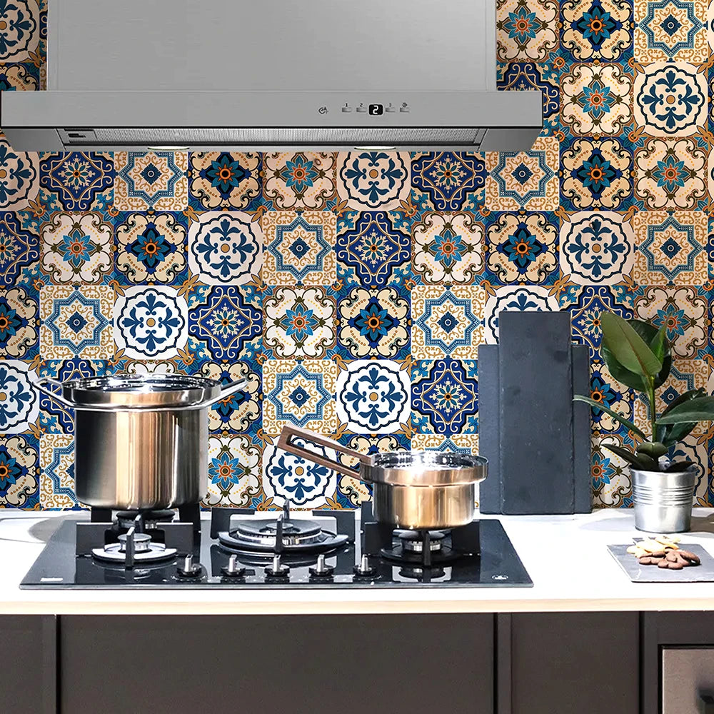 Tile Stickers Blue Brown Baroque Stylish Wallpaper Self Adhesive Wall Tiles Waterproof Bathroom Oil Resistant Kitchen Tiles DIY