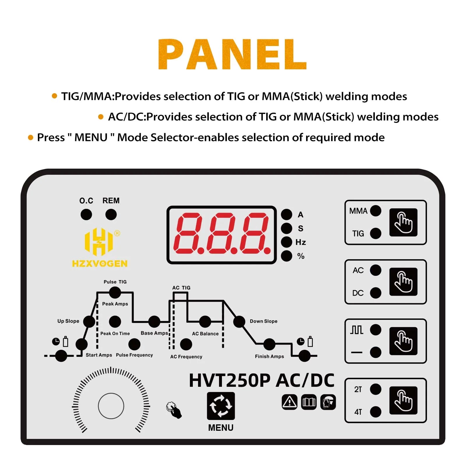 HZXVOGEN Máy Hàn Tig AC DC MMA 200A Inverter HVT250P IGBT