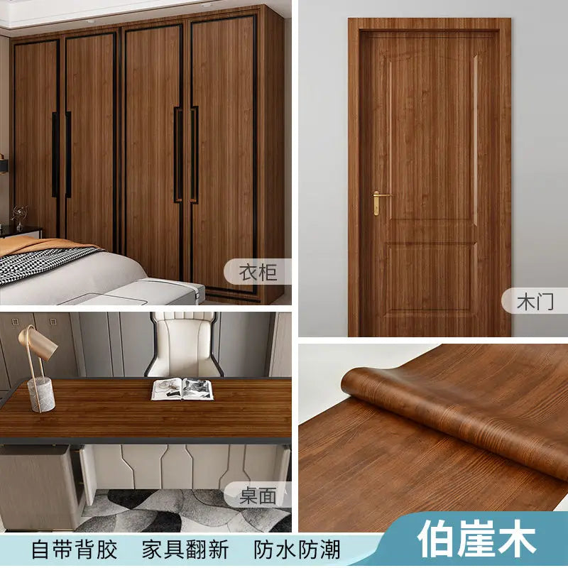 Adhesive Wallpaper Roll with 10 Meters Waterproof Wood Grain Sticker Wardrobe Cabinet Desktop Door Furniture Renovation Stickers