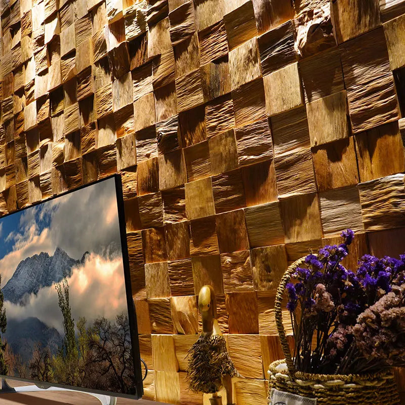 Dán Tường Gỗ Óc Chó Mosaic Nền Tivi Phong Rustic Thân Thiện