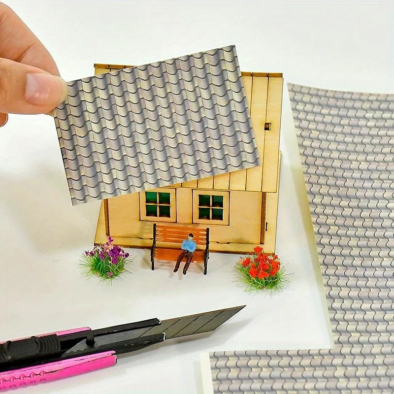 1sheet Self-Adhesive Decorative Film Roof Tiles for Model, 1:12 Miniature Roof Tiles Paper, Film Roof Tiles for Model Making