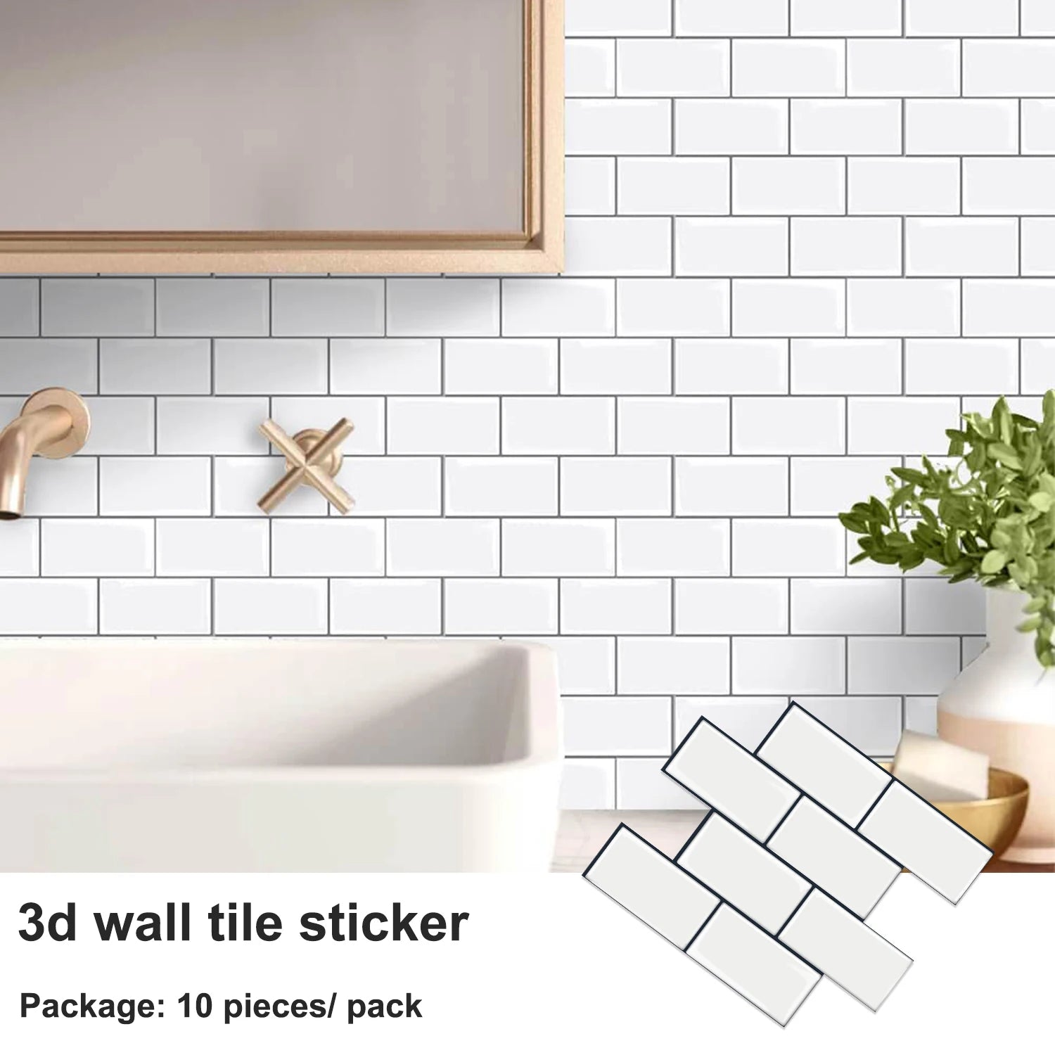 10 Sheets Big Tiles Peel and Stick Wall Stickers Brick Vinyl Wallpaper Waterproof Kitchen  Bathroom Backsplash Home Decor