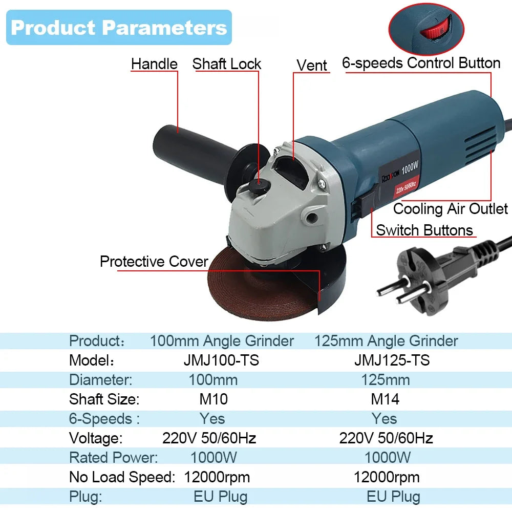 Máy Mài Góc Điện 220V 1000W Đĩa 100mm 125mm 6 Tốc Độ