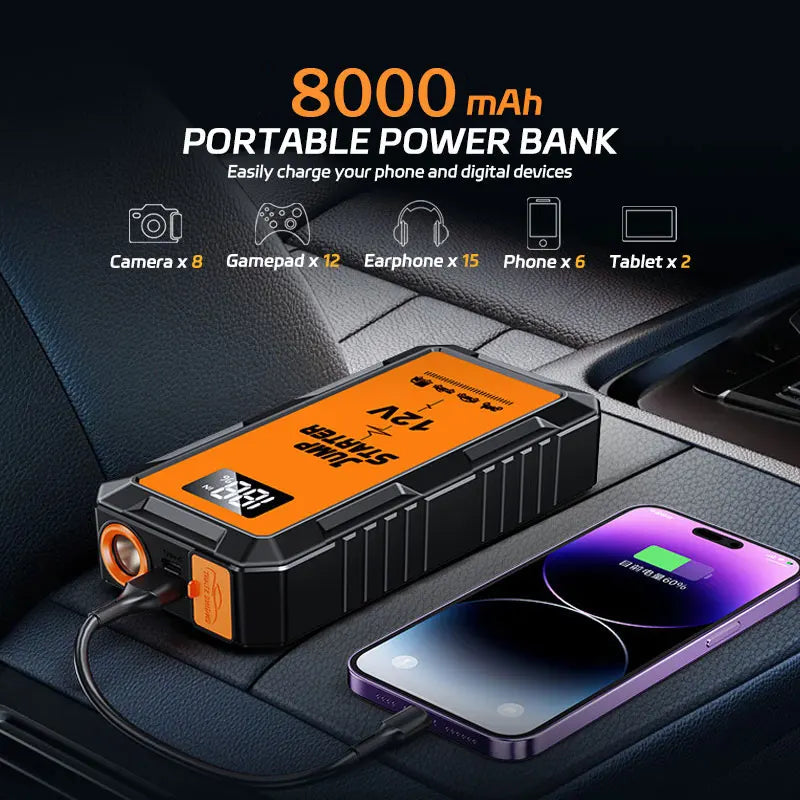12V Screen Safety Hammer Car Starting Device Car Jump Starter 4000A Power Bank Car Wireless Tire Inflator Pump Air Compressor