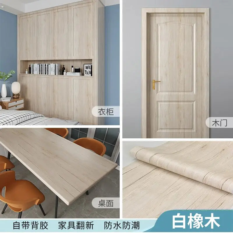 Adhesive Wallpaper Roll with 10 Meters Waterproof Wood Grain Sticker Wardrobe Cabinet Desktop Door Furniture Renovation Stickers