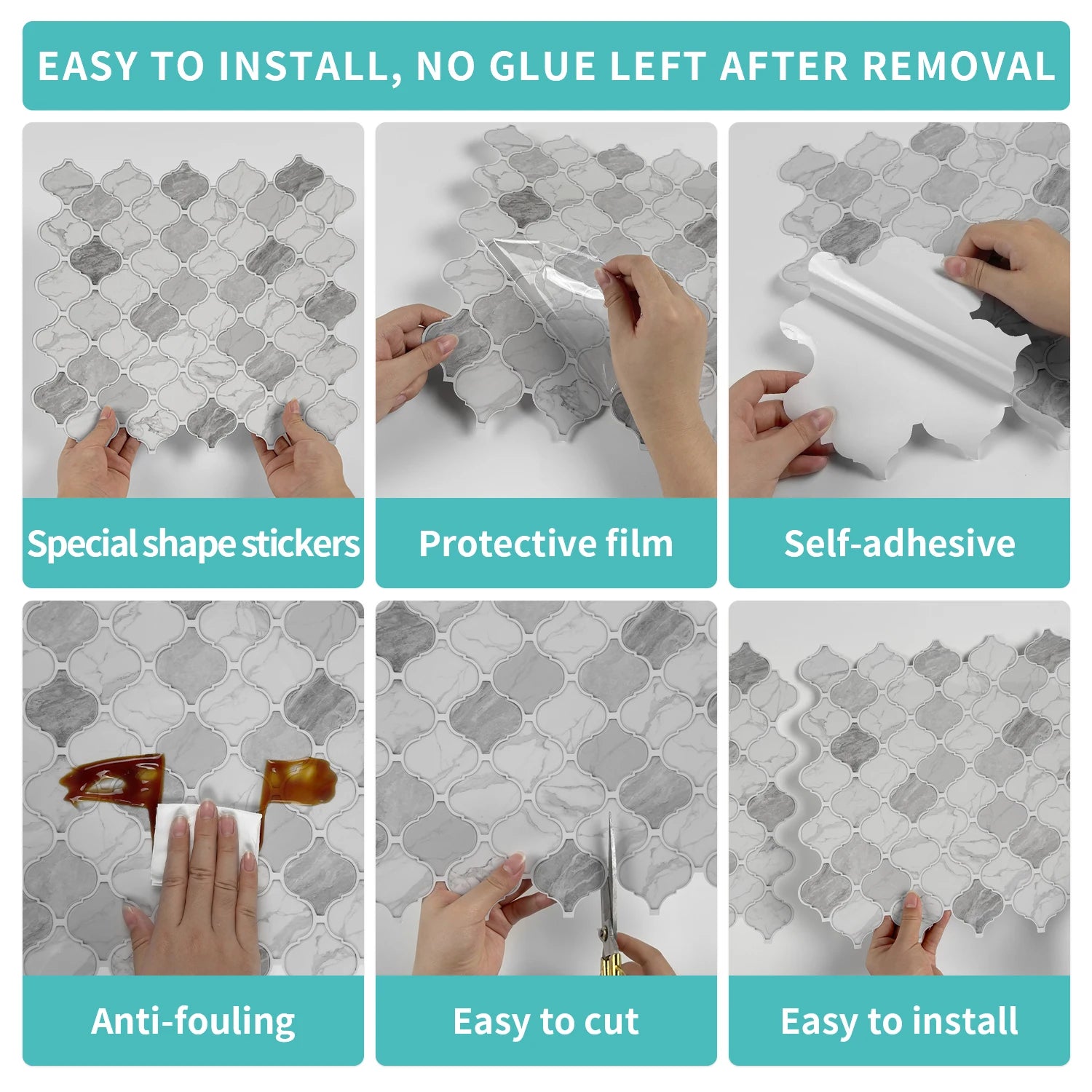 12PCS/Set Green Ceramic Tile Marble Waterproof Self-Adhesive PVC Wall Stickers, Kitchen Backsplash Oil Resistant Home Decoration