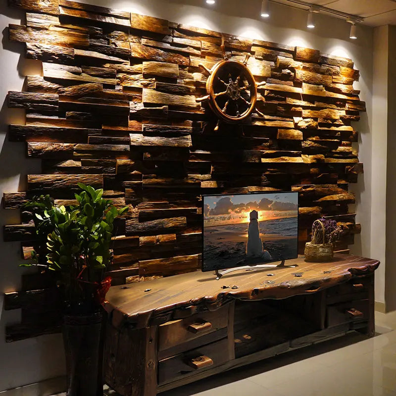 Dán Tường Gỗ Óc Chó Mosaic Nền Tivi Phong Rustic Thân Thiện