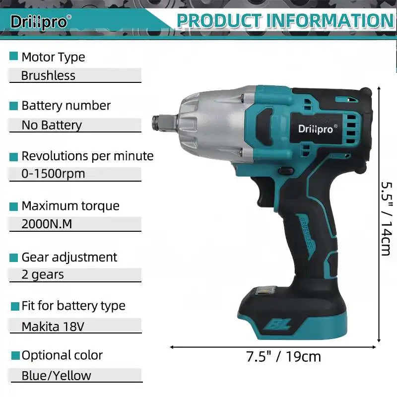 Drillpro Súng Vặn Đánh Lực Không Dây 2000Nm Brushless 18V