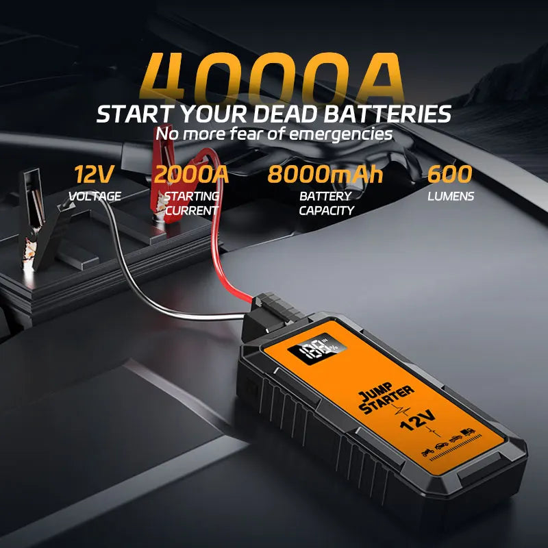12V Screen Safety Hammer Car Starting Device Car Jump Starter 4000A Power Bank Car Wireless Tire Inflator Pump Air Compressor