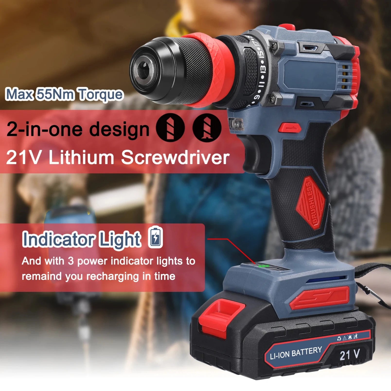 Khoan Điện 21V 2 Trong 1 Vặn Vít Không Dây 55 Nm Hiệu Quả