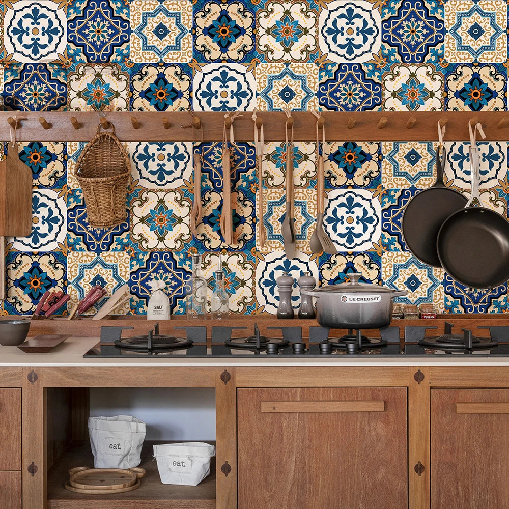 Tile Stickers Blue Brown Baroque Stylish Wallpaper Self Adhesive Wall Tiles Waterproof Bathroom Oil Resistant Kitchen Tiles DIY