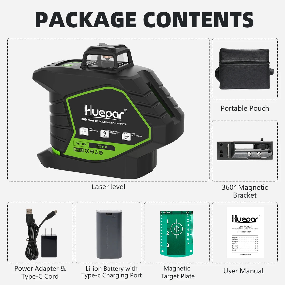 Huepar Laser 5 Tia Xanh Tu Dieu Cheo 2 Cham 360 Do 6211CG