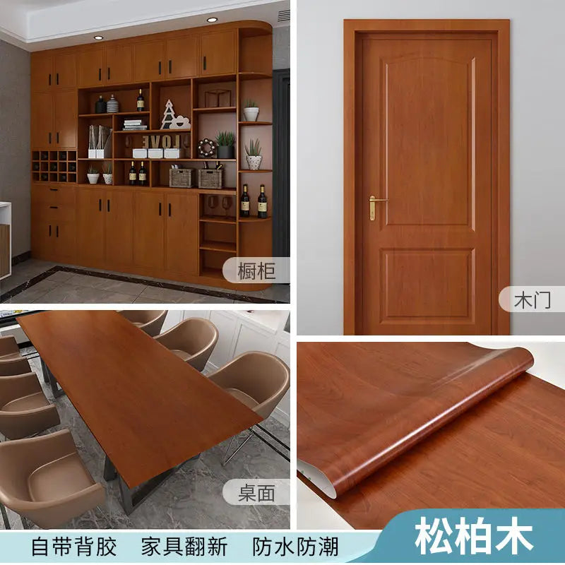 Adhesive Wallpaper Roll with 10 Meters Waterproof Wood Grain Sticker Wardrobe Cabinet Desktop Door Furniture Renovation Stickers