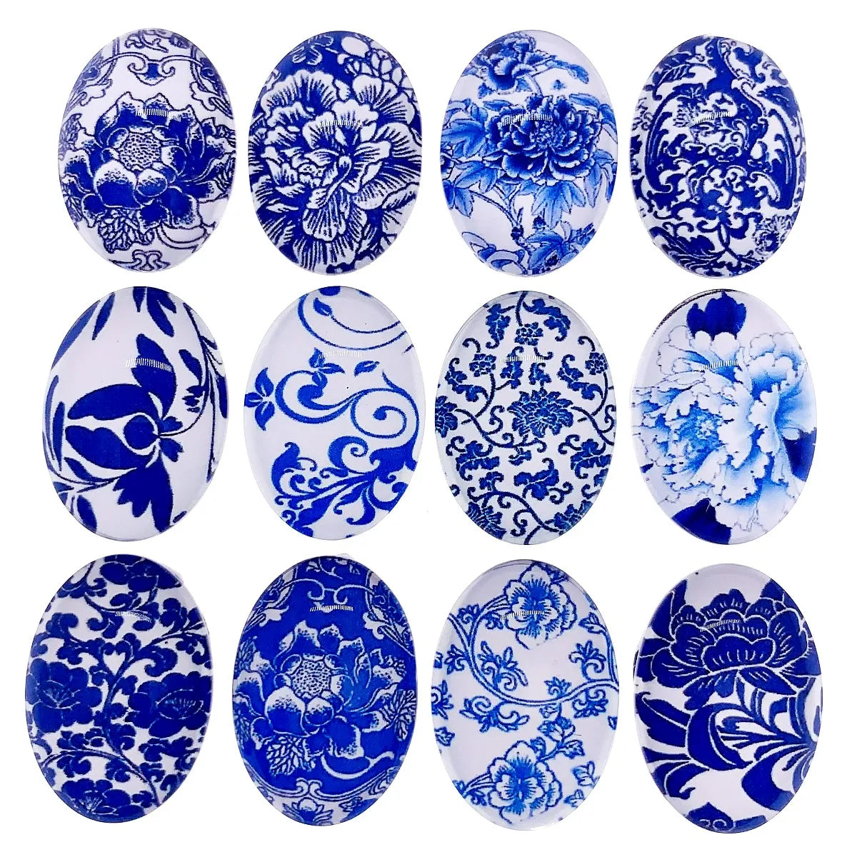 13x18mm 18x25mm 30x40mm Random Mixed Blue and White Porcelain Oval Glass Cabochon Flatback Photo Base Tray Blank DIY Accessories