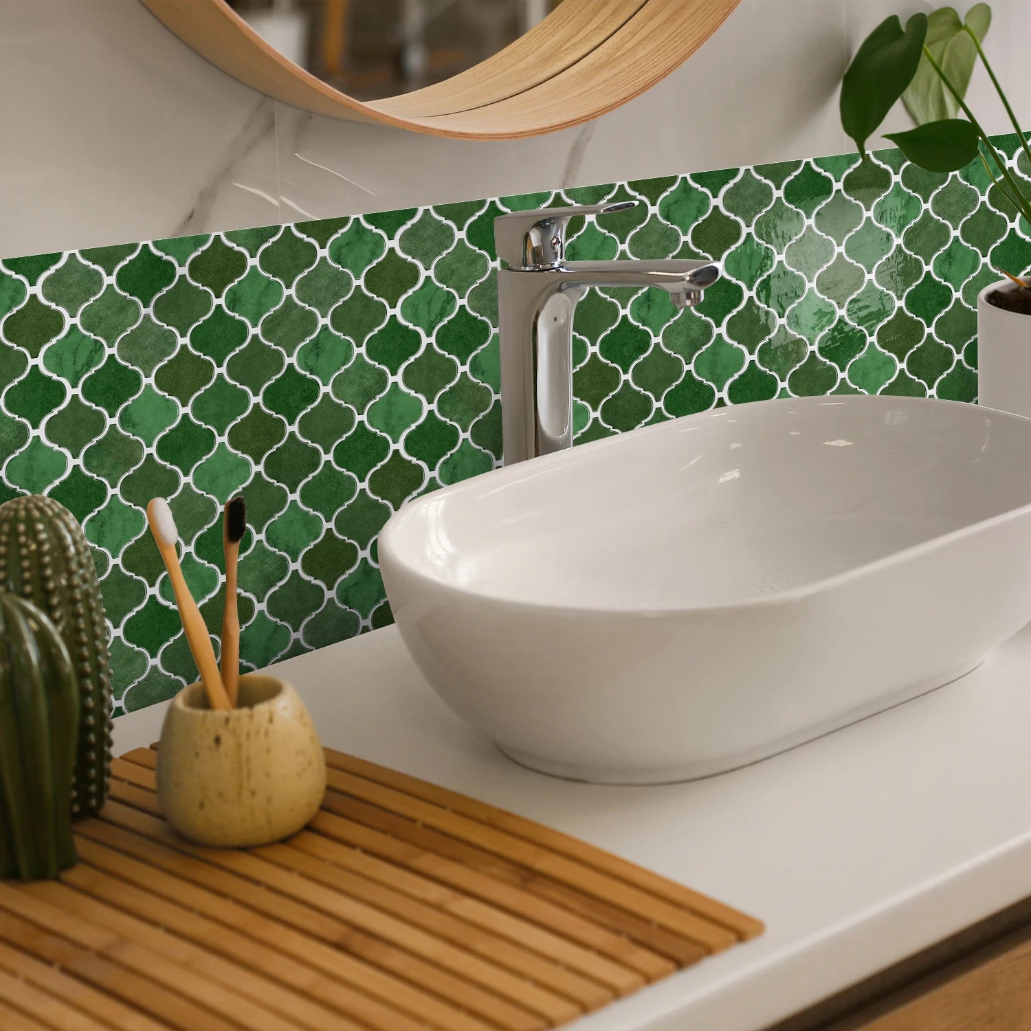 12PCS/Set Green Ceramic Tile Marble Waterproof Self-Adhesive PVC Wall Stickers, Kitchen Backsplash Oil Resistant Home Decoration