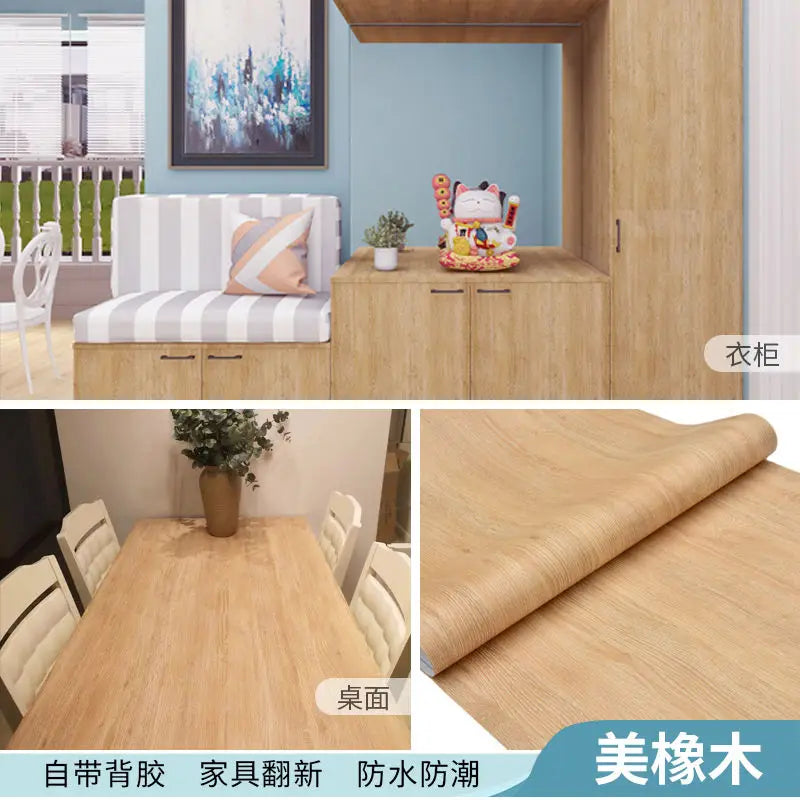 Adhesive Wallpaper Roll with 10 Meters Waterproof Wood Grain Sticker Wardrobe Cabinet Desktop Door Furniture Renovation Stickers