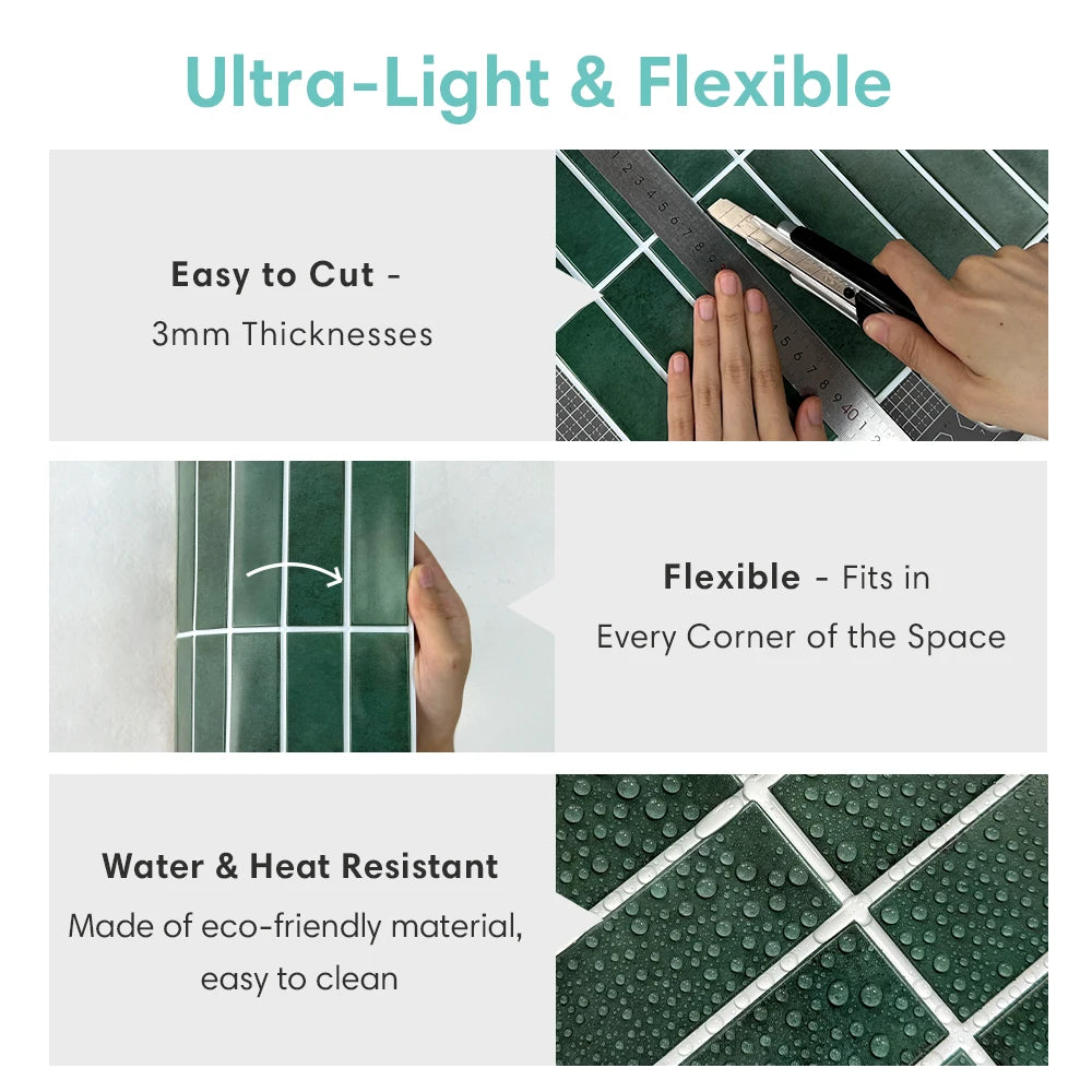 1/10pcs 3D Tile Sticker Self-adhesive Green Tile Backsplash Bathroom Wall Tile Sticker, Water and Mold Resistant, 30x30cm