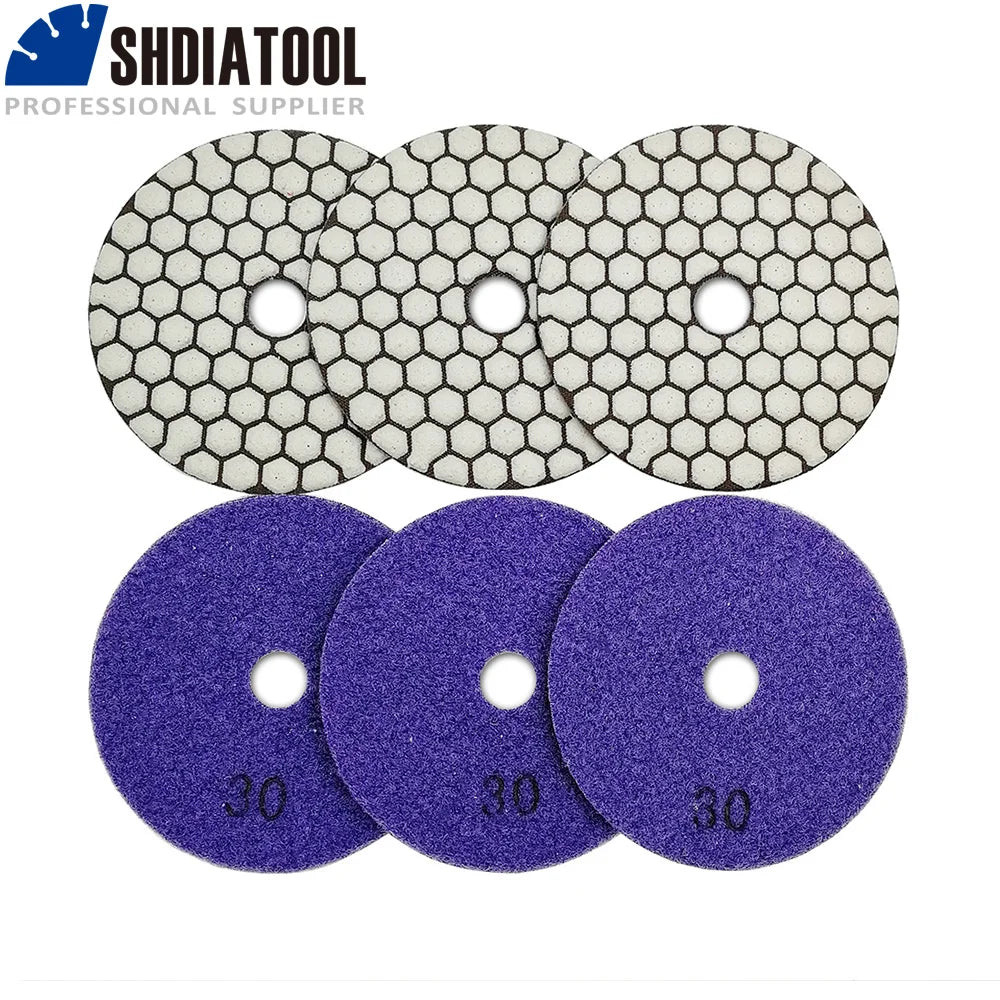 SHDIATOOL 6pcs/set Diamond Polishing Pads Resin Bond Flexible Dia 4"/100mm Grit #30 Dry Sanding Disc For Granite Marble Ceramic