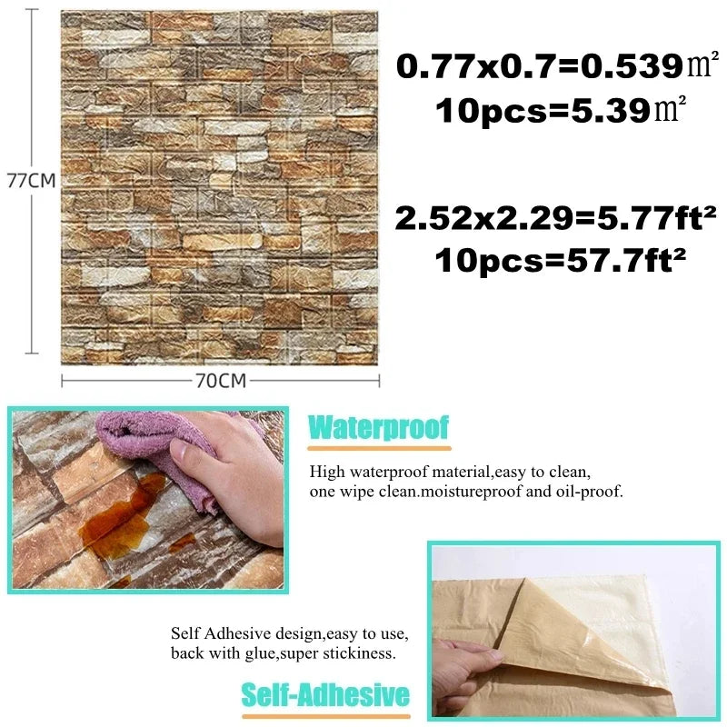 10 Miếng Dán Tường Panel 3D Gạch Nhựa Foam Chống Thấm