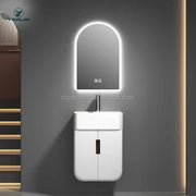 Bộ đồ dùng phòng tắm gắn tường bằng nhựa PVC màu trắng có cạnh bo tròn, bồn rửa bằng gốm, đèn điều khiển cảm ứng